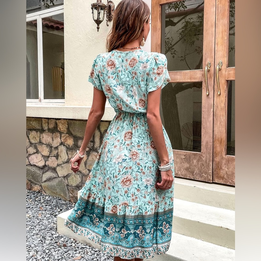 Floral Print Petal Sleeve Ruffle Hem Teal and Cream Dress - Picture 4 of 10